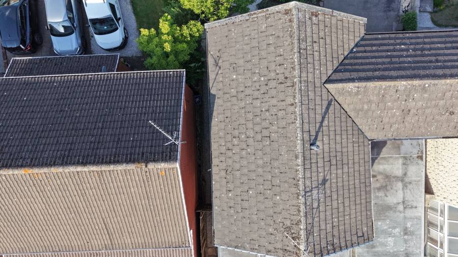 Close-up of roof tiles captured by drone