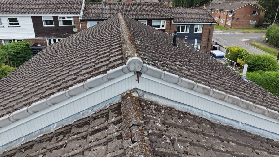 Close-up of a roof valley junction captured by drone